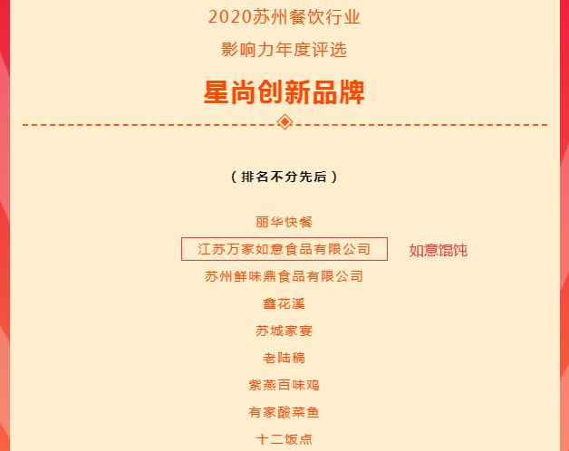 如意餛飩榮獲2020蘇州餐飲行業(yè)影響力年度評選星尚創(chuàng)新品牌